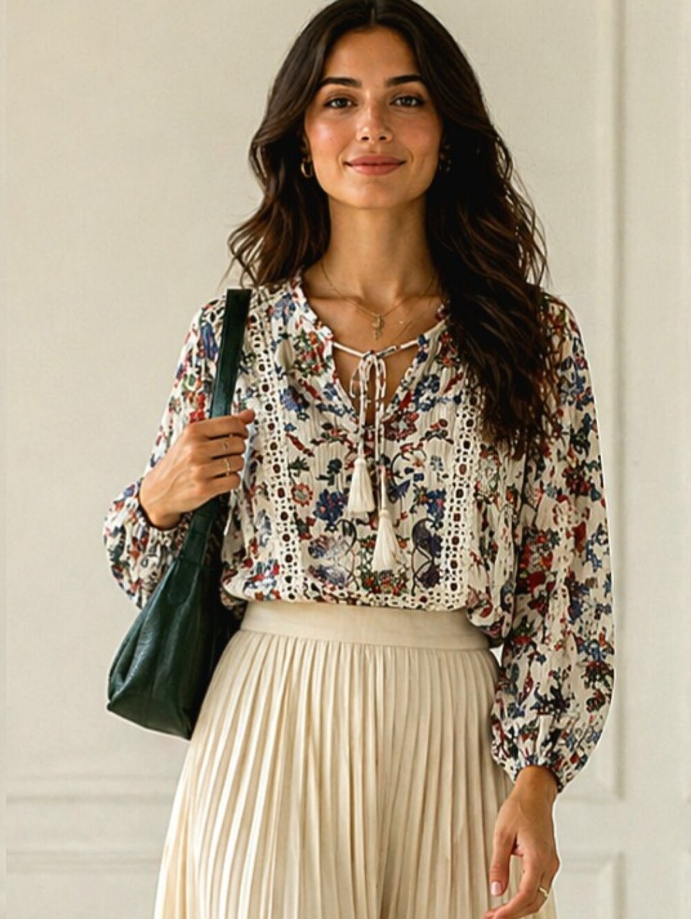 NEWOT🐞LAVA Boho White Floral Puff Sleeve Blouse with Lace & Tassels Tie Sz: L